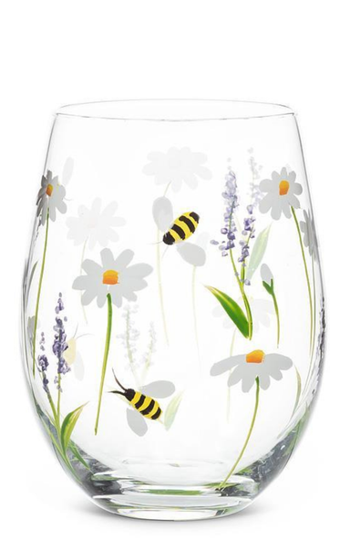 wine glass on white background with lavender flowers and bees on the glass