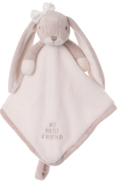 Plush bunny toy with a blanket that says 'My Best Friend' on a white background