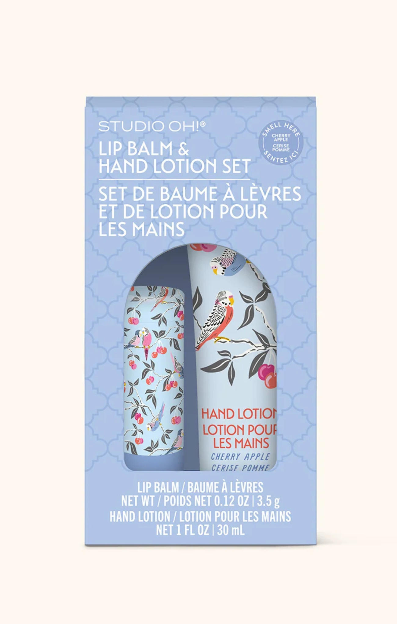 Studio Oh! lip balm and hand lotion set packaging on a white background