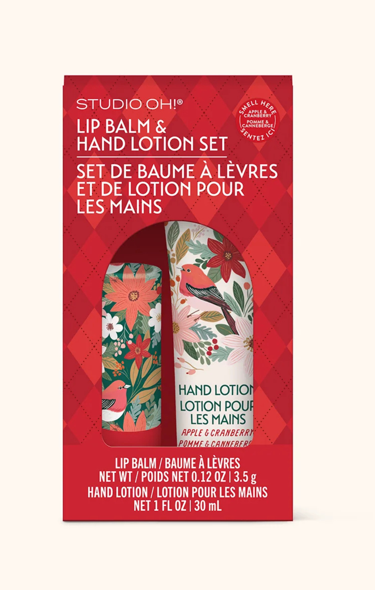 Studio Oh! lip balm and hand lotion set packaging on a white background