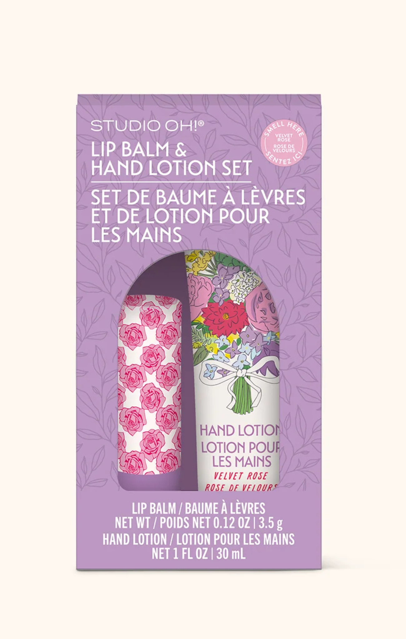 Studio Oh! lip balm and hand lotion set packaging on a white background