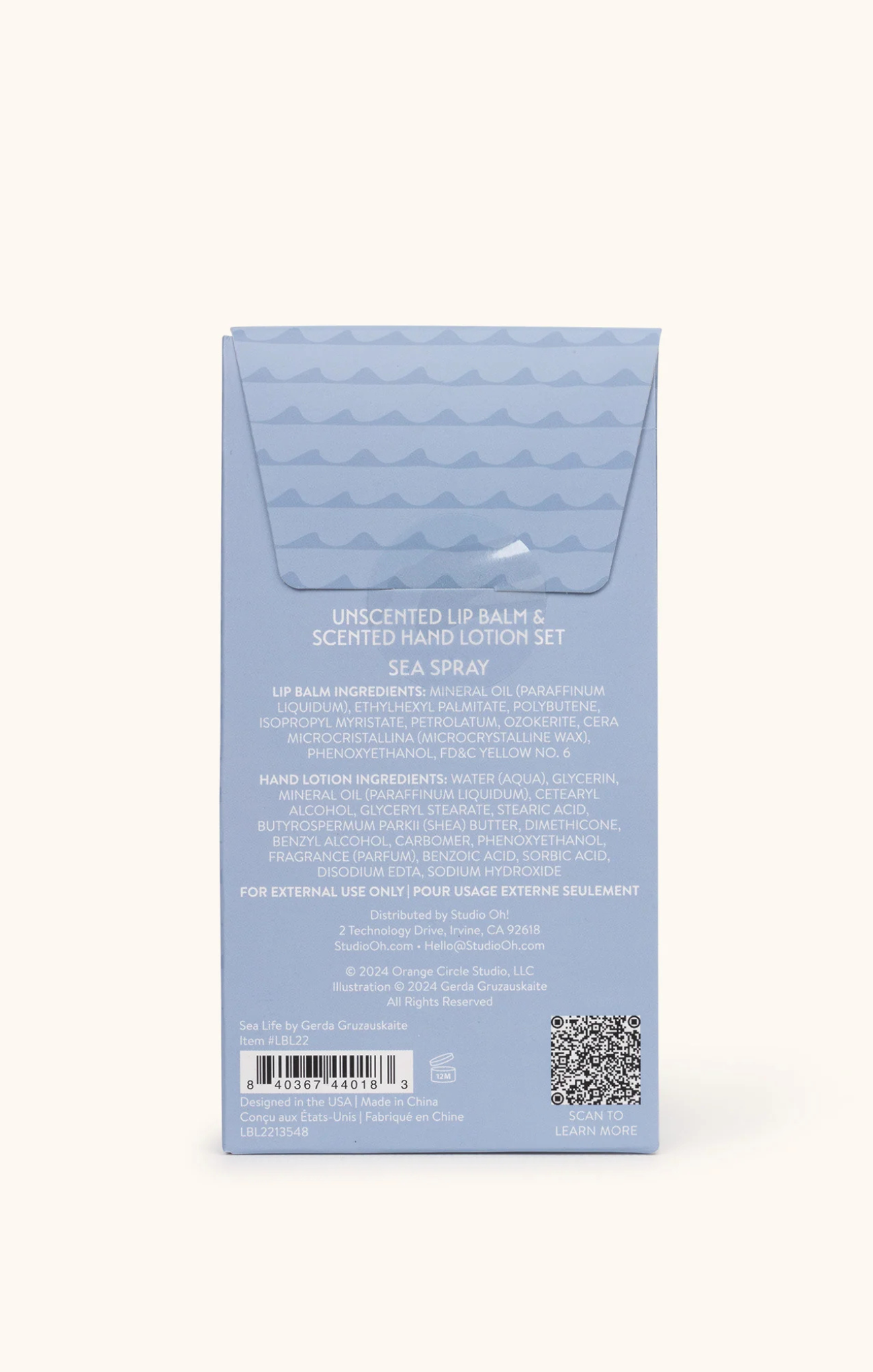 Blue packaging of a hand lotion set with text and a QR code on a white background
