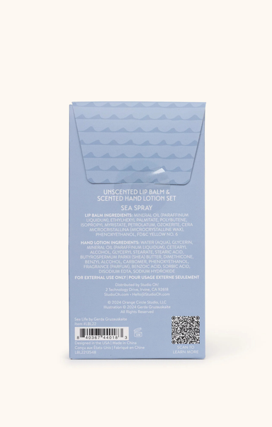Blue packaging of a hand lotion set with text and a QR code on a white background