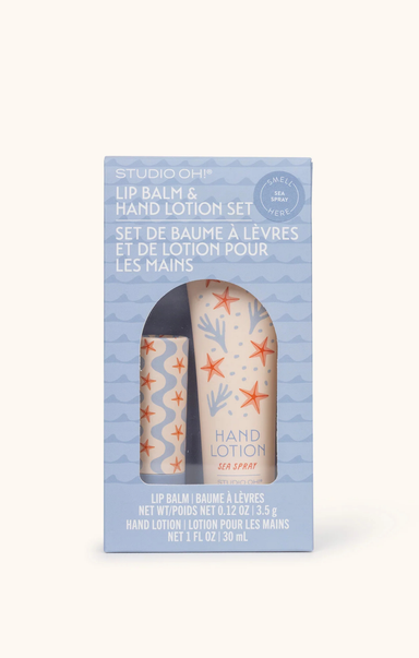 Studio Oh! lip balm and hand lotion set packaging on a white background