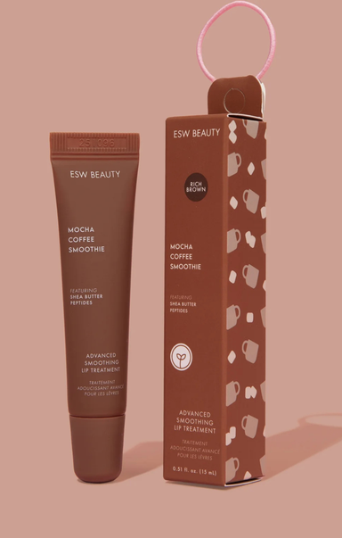 ESW Beauty Mocha Coffee Smoothie lip balm and packaging on a pink background