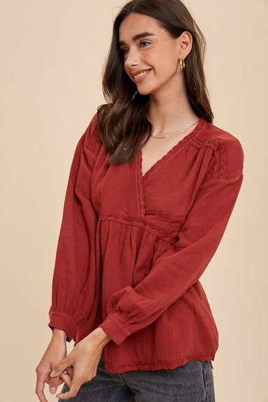 LUCINDA LACE BABYDOLL TOP - burnt rust, v neck, flowy top, comes in waist,  long sleeve