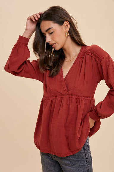 LUCINDA LACE BABYDOLL TOP - burnt rust, v neck, flowy top, comes in waist,  long sleeve