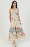 Woman wearing a floral dress on a white background
