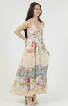 Woman wearing a floral dress on a white background