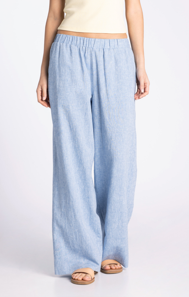 Light blue wide-leg pants worn by a person on a white background