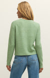 Person wearing a green sweater and blue jeans on a plain background