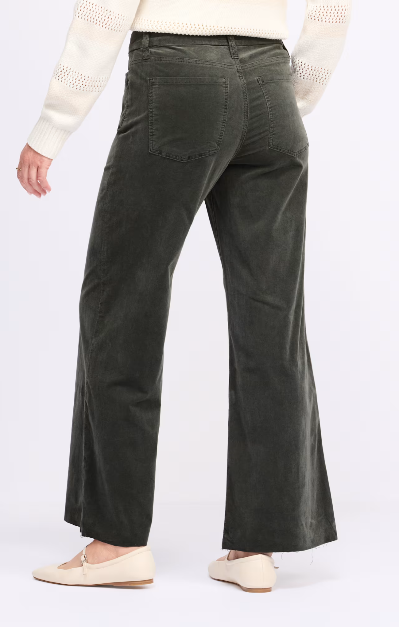 Dark green wide-leg pants worn by a person on a white background