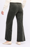 Dark green wide-leg pants worn by a person on a white background