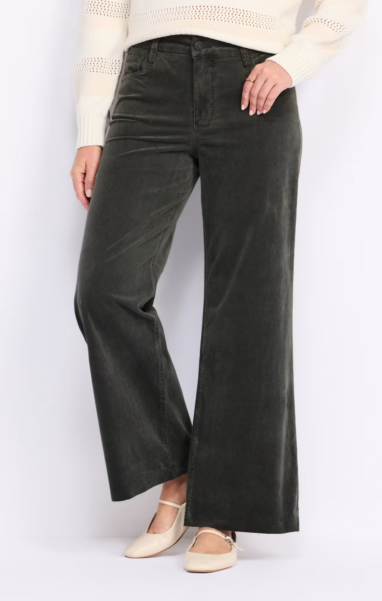 Person wearing black wide-leg pants on a white background