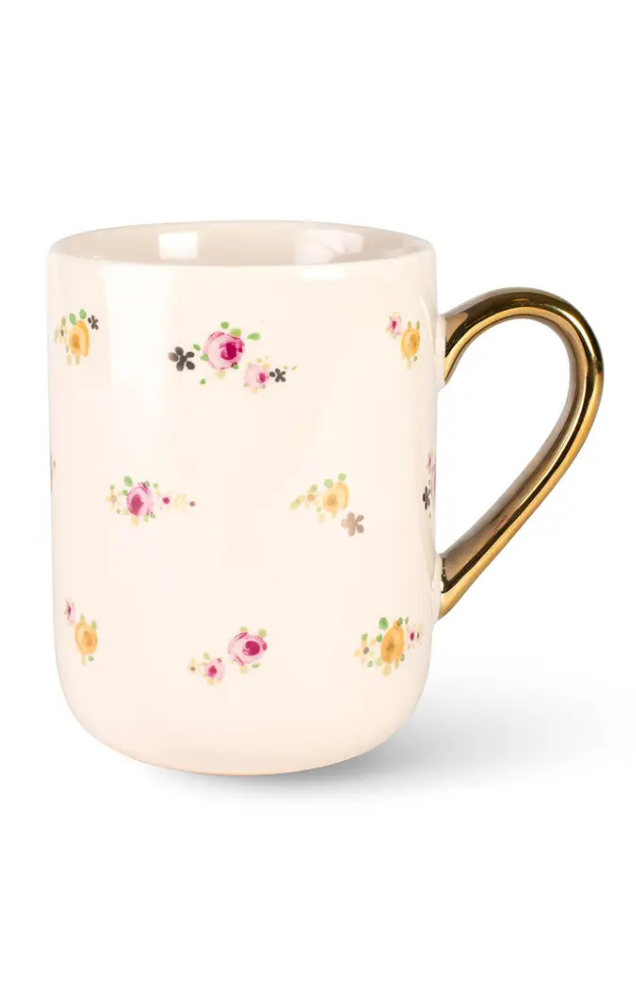 White mug with floral patterns and a gold handle on a white background