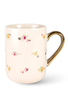 White mug with floral patterns and a gold handle on a white background