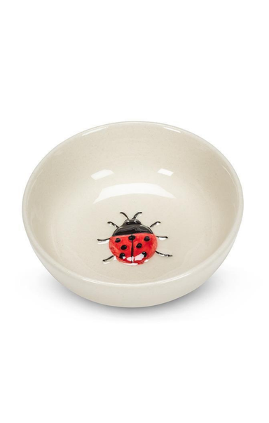 beige bowl with ladybug in center on white background