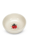 beige bowl with ladybug in center on white background