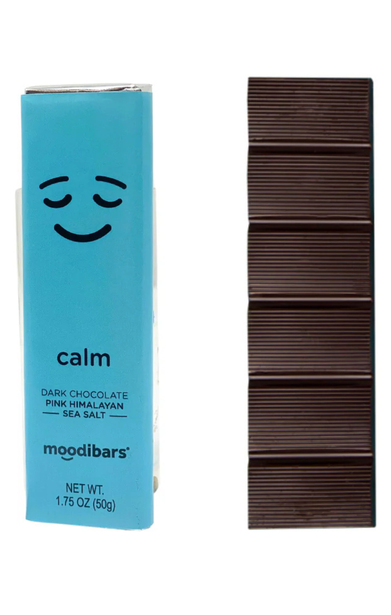 Moodibars dark chocolate bar with packaging on a white background