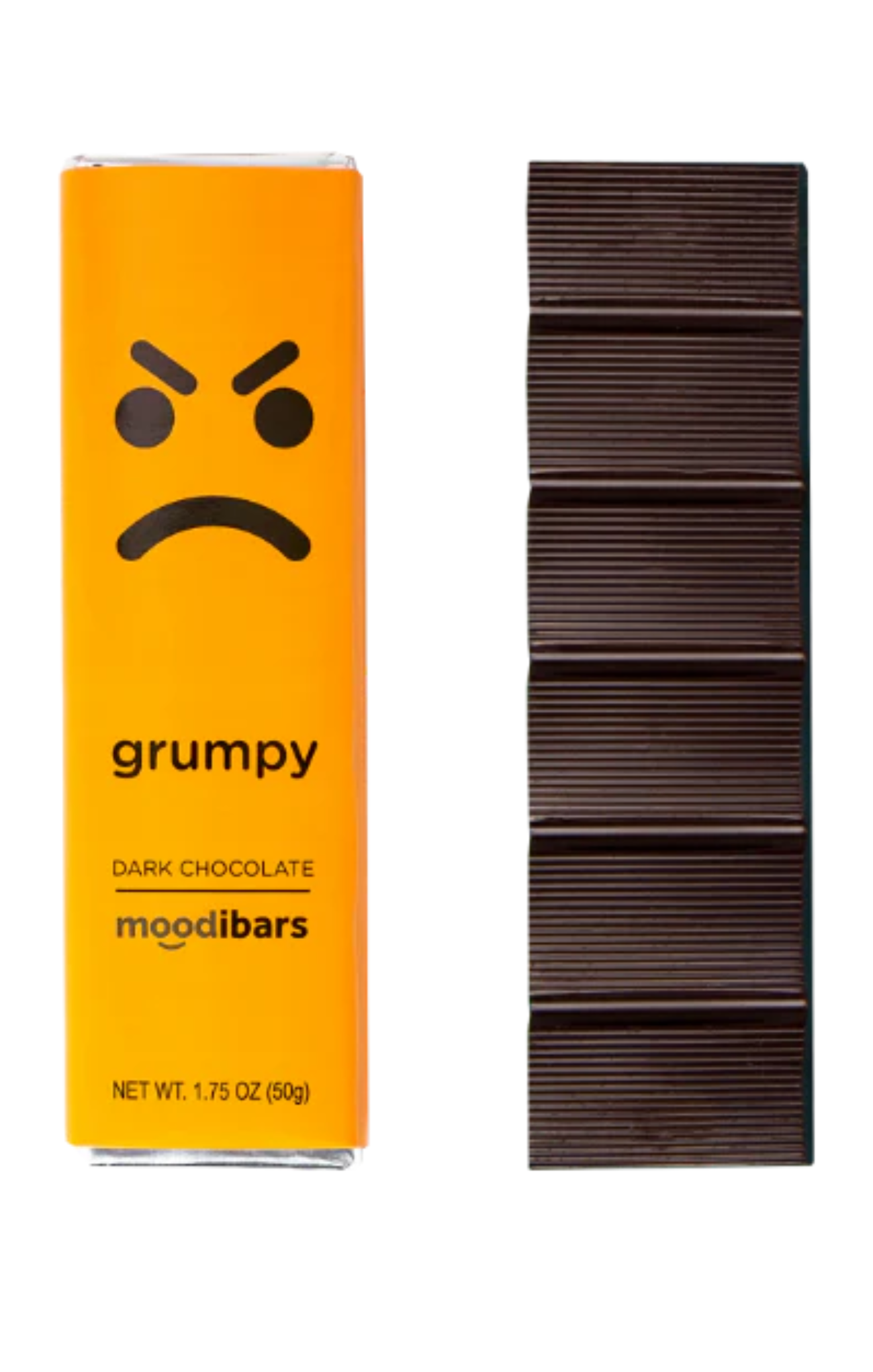 Box of grumpy dark chocolate moodibars with a frowny face on an orange background.