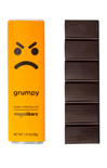 Box of grumpy dark chocolate moodibars with a frowny face on an orange background.