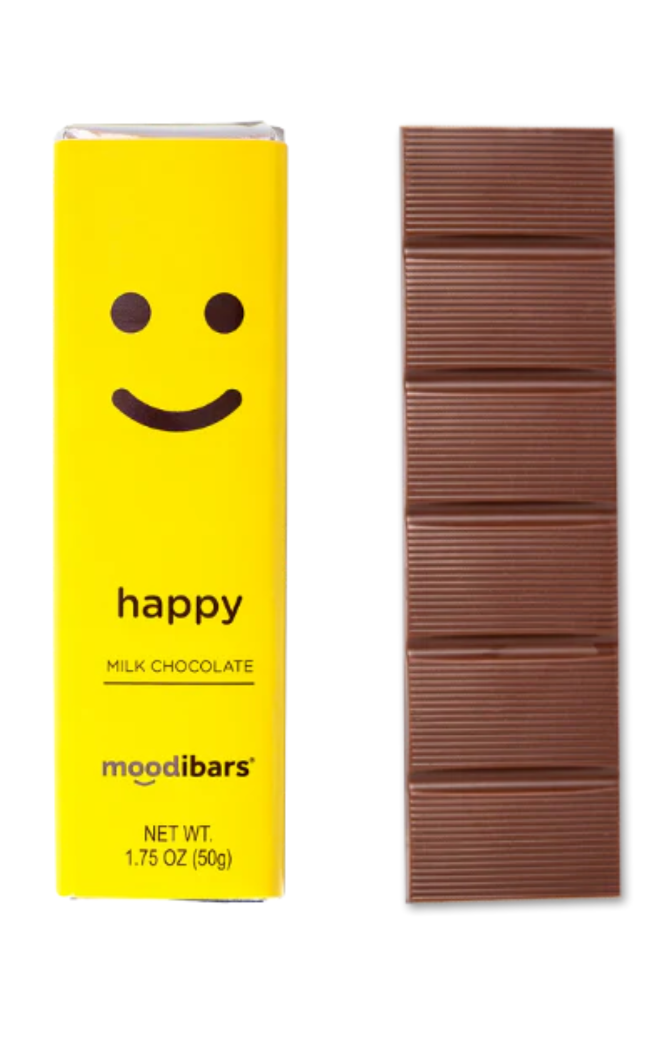 Moodibars milk chocolate bar with yellow packaging featuring a smiley face and 'happy' text on a white background.