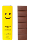 Moodibars milk chocolate bar with yellow packaging featuring a smiley face and 'happy' text on a white background.
