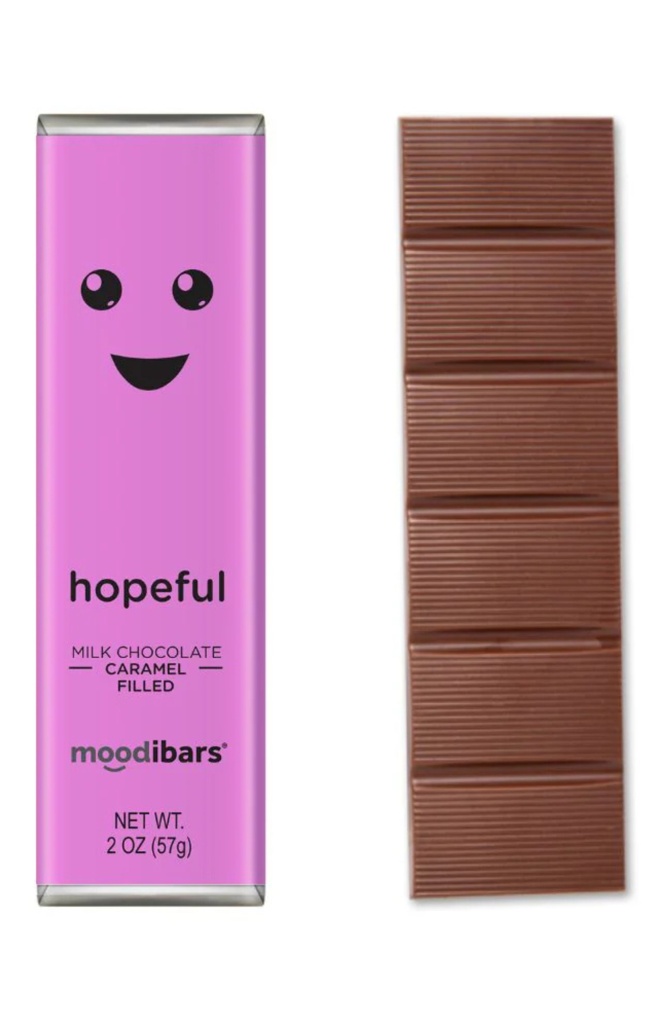 Moodibars chocolate bar with a pink packaging featuring a smiley face on a white background