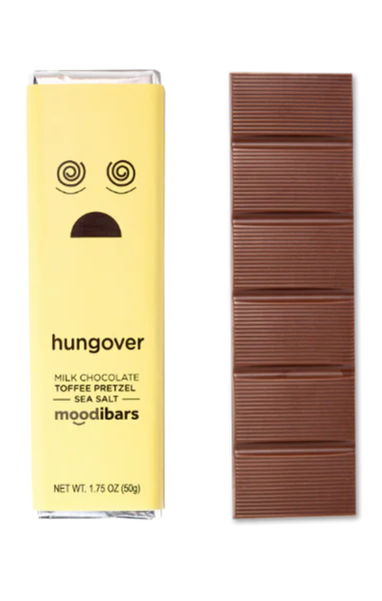 Moodibars 'hungover' chocolate bar packaging with a yellow background and chocolate bar on a white background.