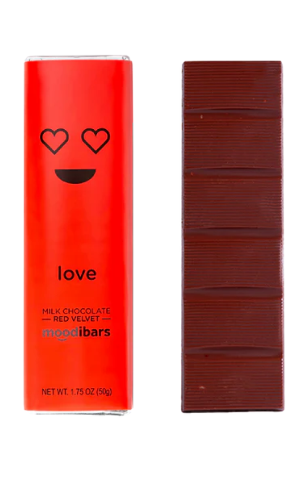 Red chocolate bar with a red box featuring a smiley face and 'love' text on a white background.
