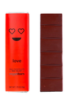 Red chocolate bar with a red box featuring a smiley face and 'love' text on a white background.