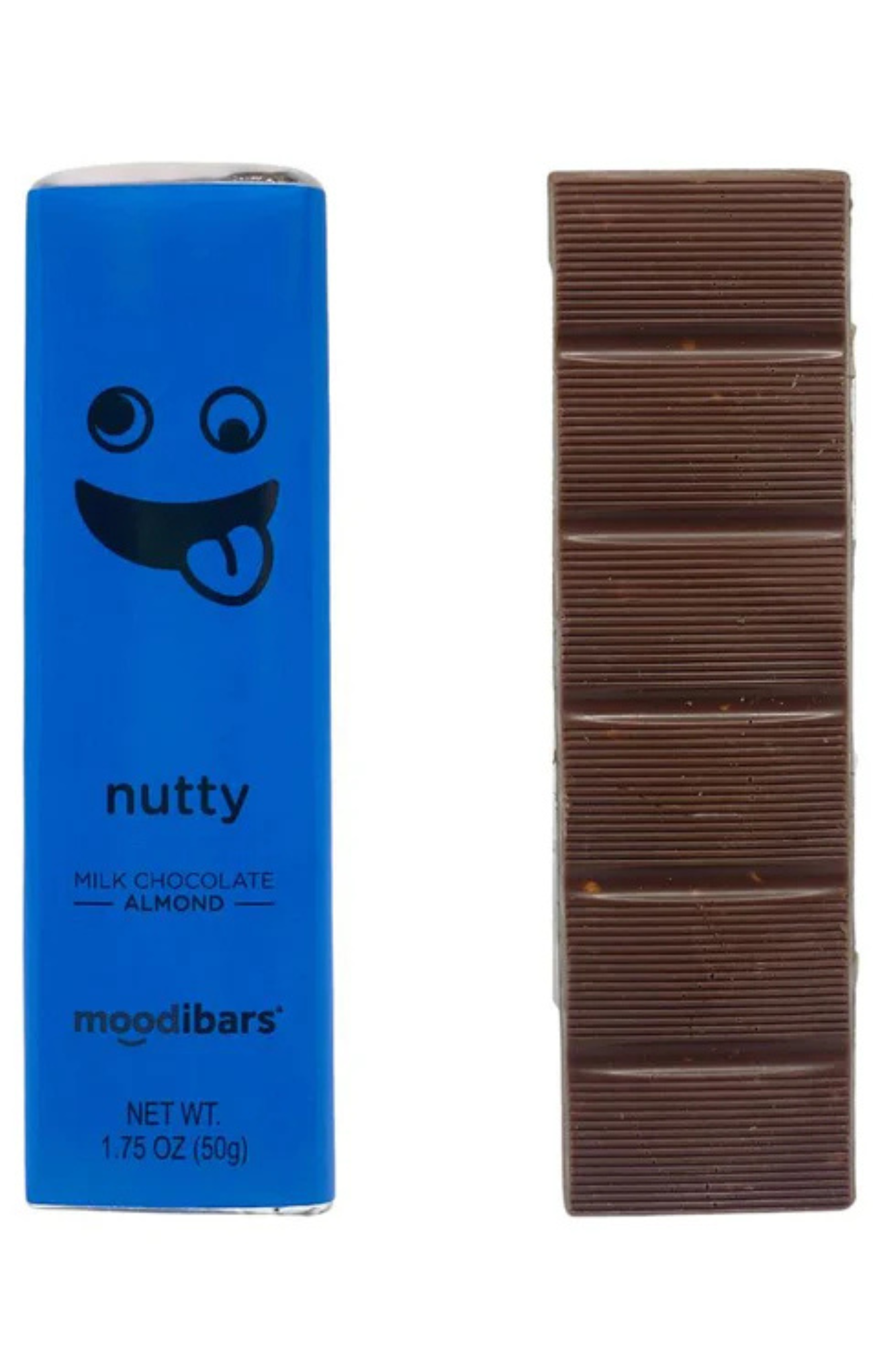 Blue packaging of nutty milk chocolate almond moogibars with a smiley face design.