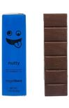 Blue packaging of nutty milk chocolate almond moogibars with a smiley face design.