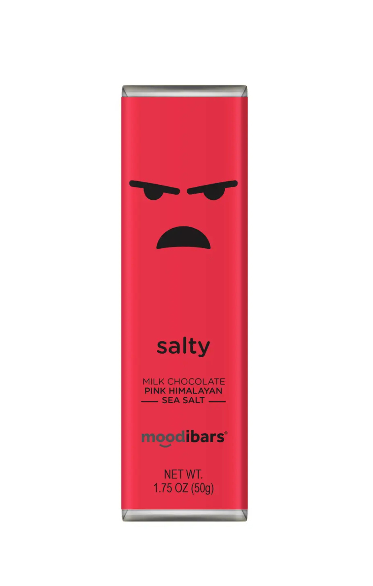 Red chocolate bar packaging with an angry face design and 'mogdibars' branding on a white background.