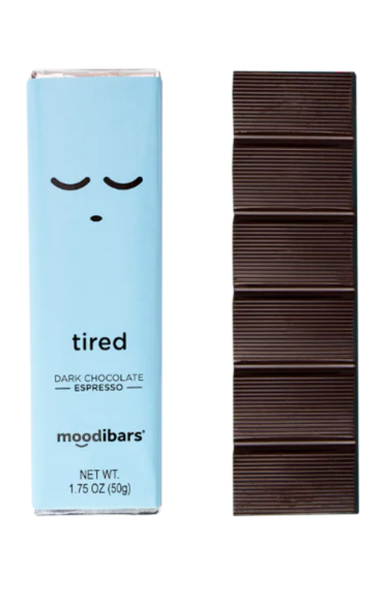 Moodibars 'tired' dark chocolate espresso bar packaging on a white background
