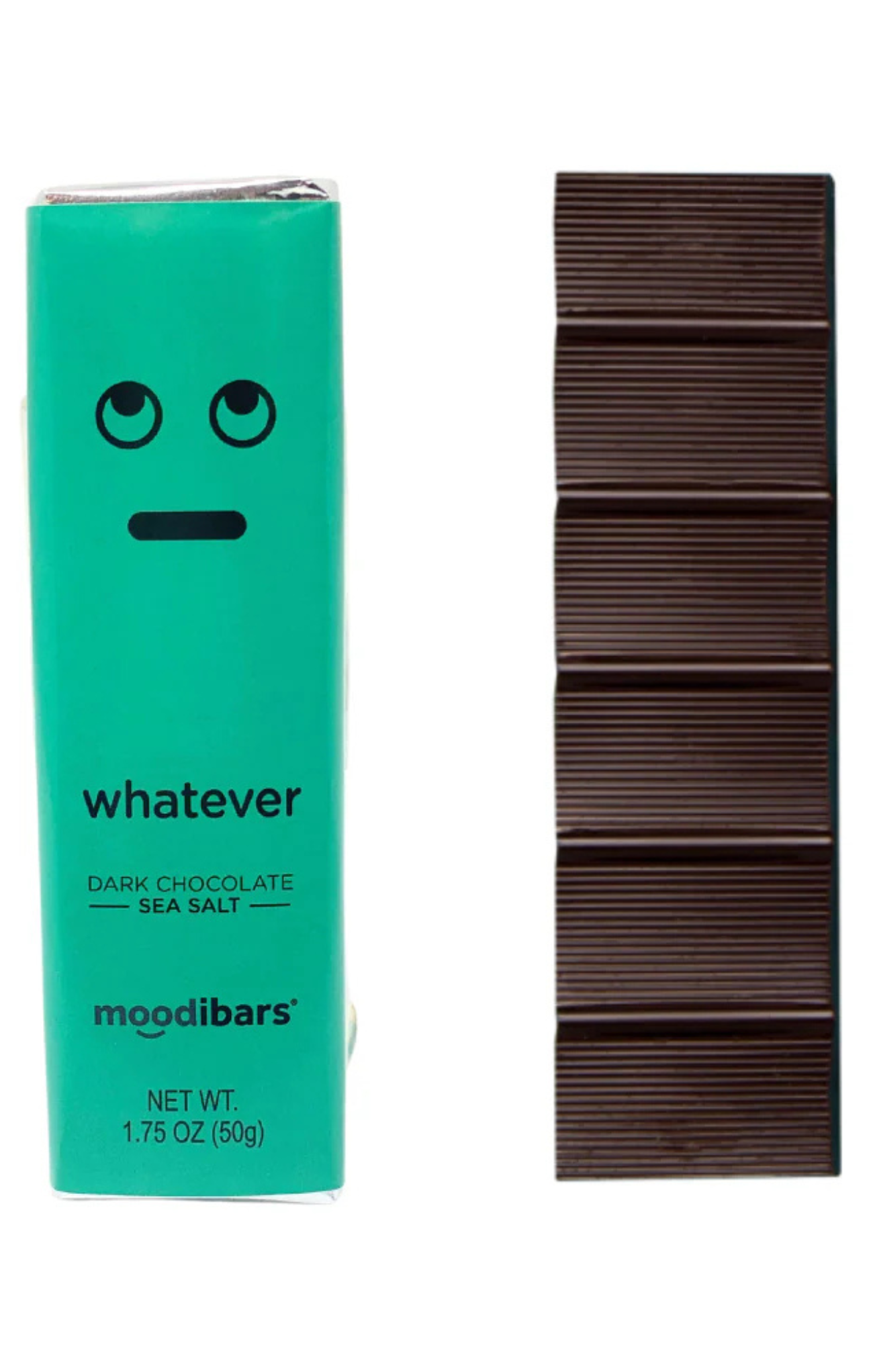 Moodibars dark chocolate sea salt bar with green packaging on a white background