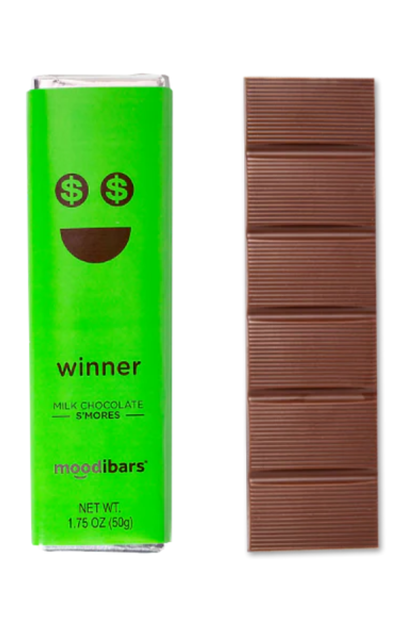 Green packaging of 'winner' milk chocolate s'mores bars by moodibars on a white background