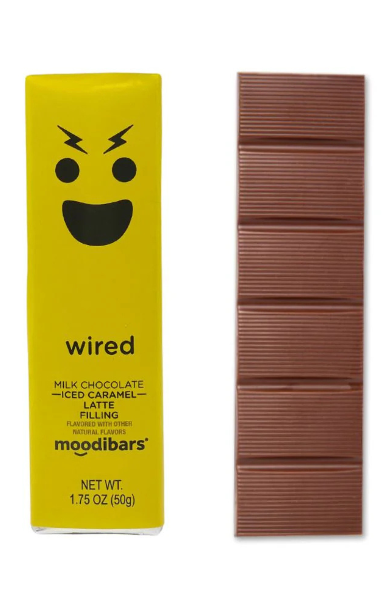 Moodibars milk chocolate bar with yellow packaging featuring a face design on a white background.