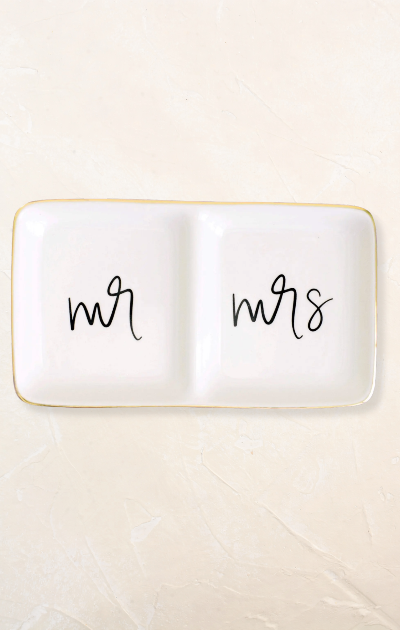 glass white dish with gold rim, mr and mrs text on glass dish with beige background