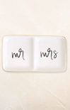 glass white dish with gold rim, mr and mrs text on glass dish with beige background