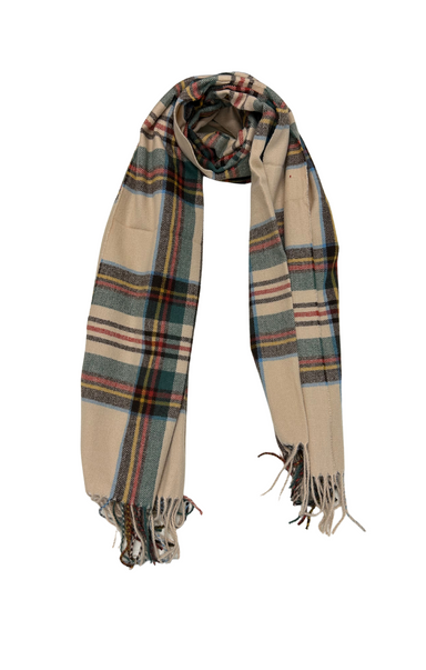 MULTI COLORED PLAID TASSELED SCARF-beige,tasseled ends,green,yellow,red,long scarf