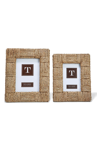 Two rustic photo frames made of woven material on a white background