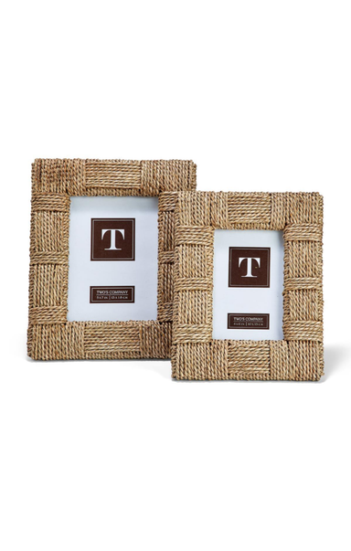 Two rustic jute picture frames on a white background