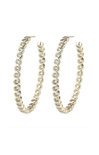 Gold hoop earrings with clear gemstones on a white background