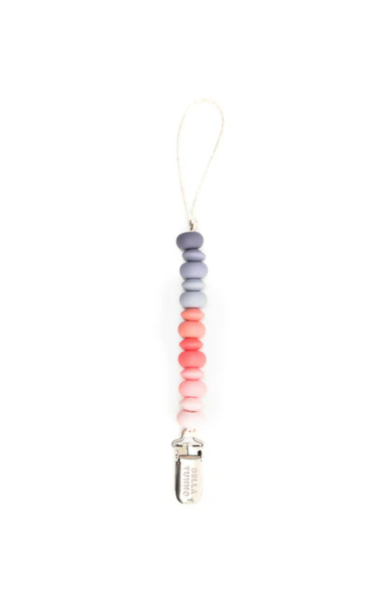 purple blue and pink beaded pacifier clip on white background