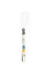 grey blue and yellow beaded pacifier clip on white background