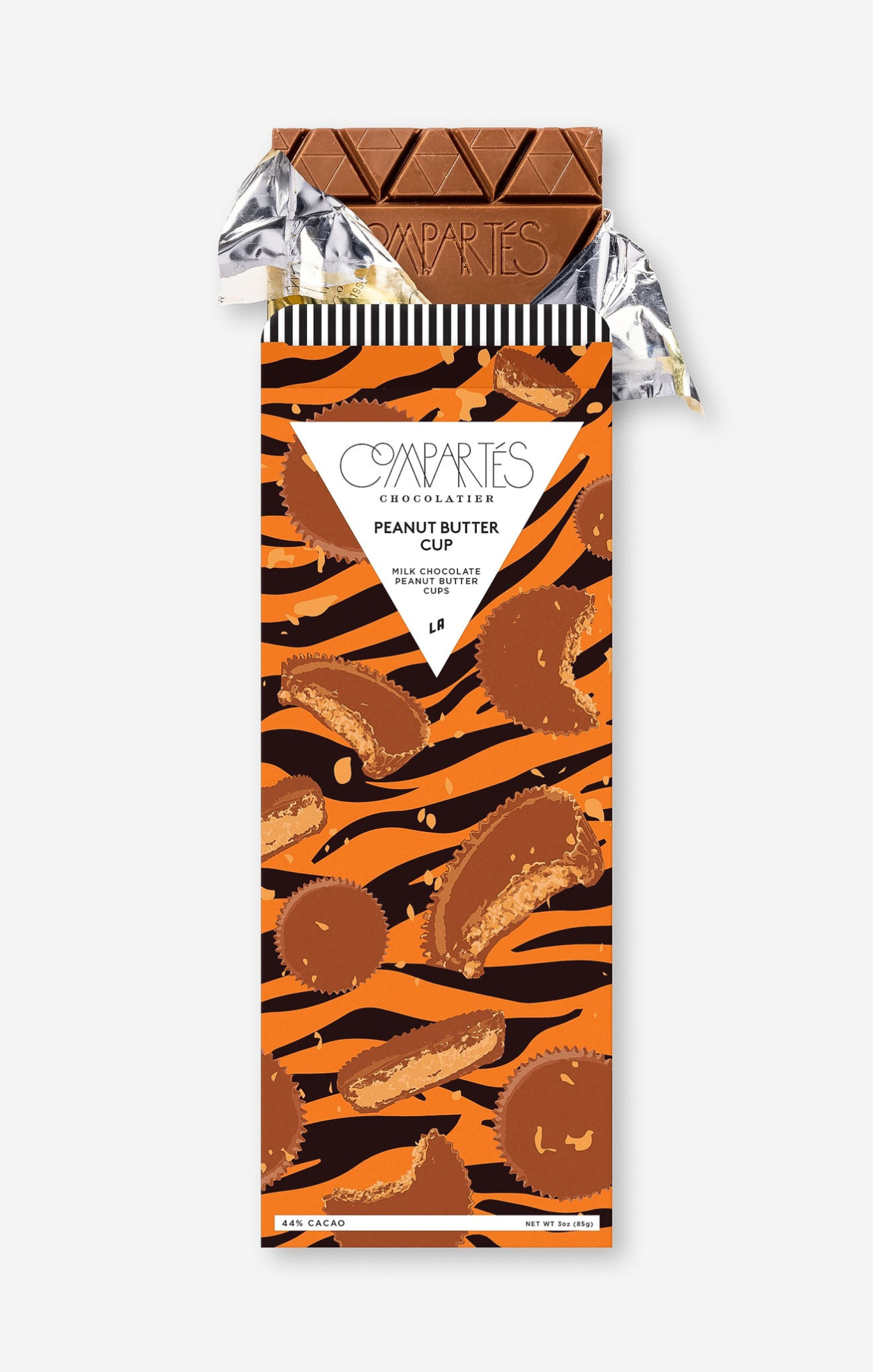 Chocolate bar with a tiger stripe pattern and peanut butter cup design on a white background