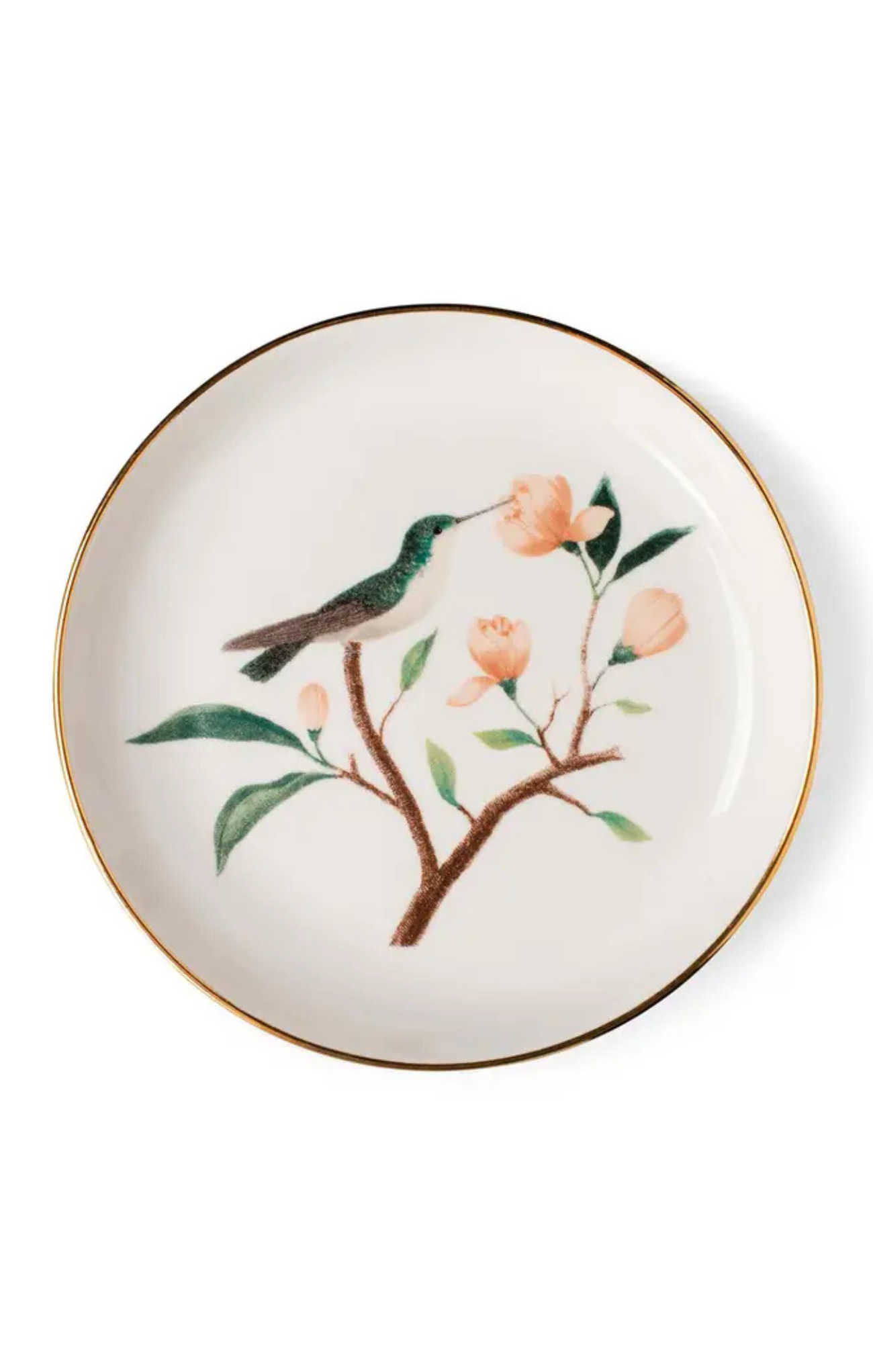 Decorative plate with a bird and floral design on a white background