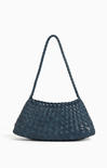 Blue woven handbag on a white background