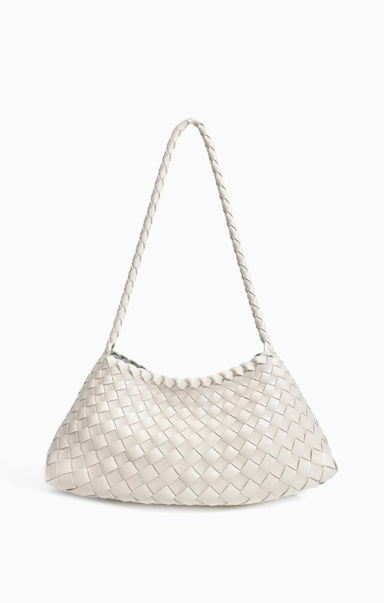 White woven handbag on a white background